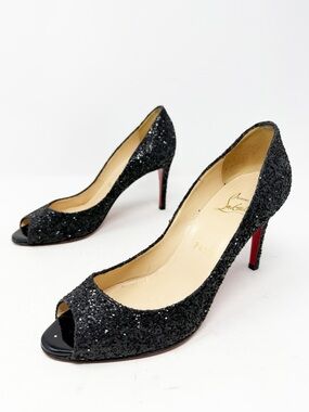 Christian Louboutin You You Glitter Peep Toe Heels Womens Size EU 37